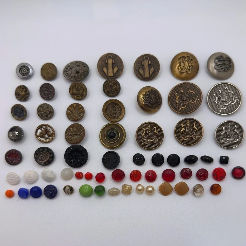 Vintage and Antique Button Lot Mixed Materials Brass Glass Military 60+ Pieces